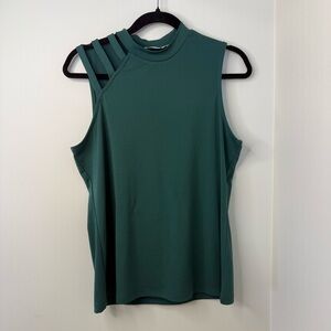 Asymmetrical Strappy Shoulder Mock Neck Top | Emerald Green Holiday Blouse